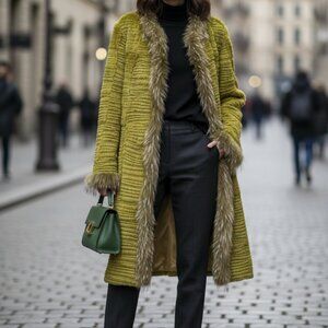 Rizal Reversible Fur Coat Olive Green 100% Rabbit Fox Trim & Python‎ Made France